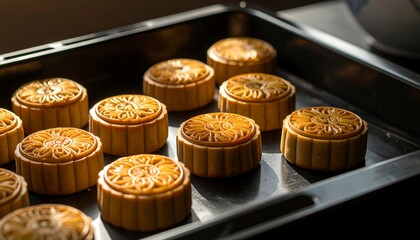 Mooncakes arranged on a baking sheet
