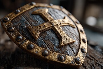 Weathered wooden shield with gold cross