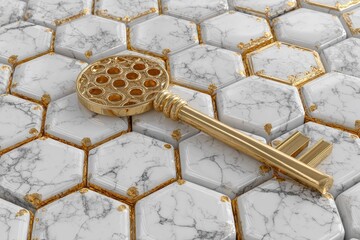 Golden ornate key rests on hexagonal marble