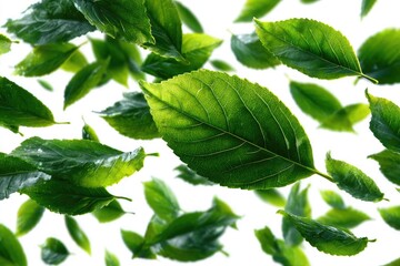 Lush green leaves float against a bright white backdrop
