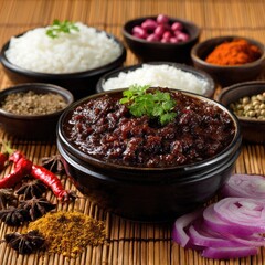 Rich, dark stew in a bowl with rice and spices
