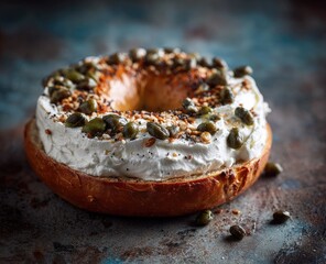Toasted bagel topped with cream cheese, capers, and seeds