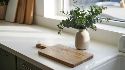 Minimalist Still Life with Wooden Cutting Board and Vase. made with generative Ai
