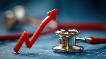 Red arrow pointing up with a stethoscope on a blue background.
