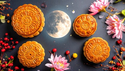 Mooncakes arranged on a dark background with flowers and moon