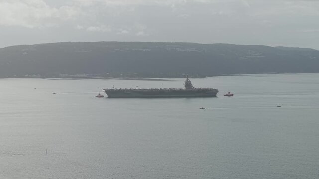 Aircraft Carrier USS Gerald R. Ford In Oslo Fjord, Oslo, Norway. - aerial shot