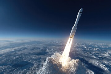 Rocket launch ascending through clouds, fiery exhaust