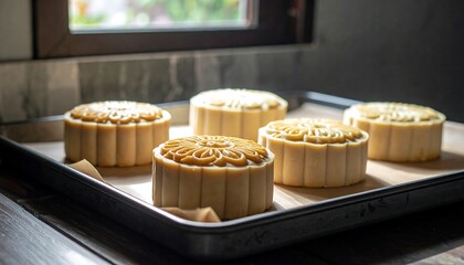 Mooncakes on a baking sheet by a window