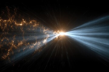 Bright light emanating from a central point, streaking across a dark background with swirling orange and blue nebulae