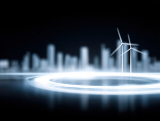 Naklejka premium Clean energy concept with wind turbine and futuristic cityscape showing climate solutions with ai technology