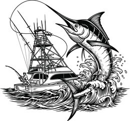 Big game fishing scene with a jumping marlin and a sport fishing boat. Black and white vector illustration for a fishing charter logo or t-shirt design