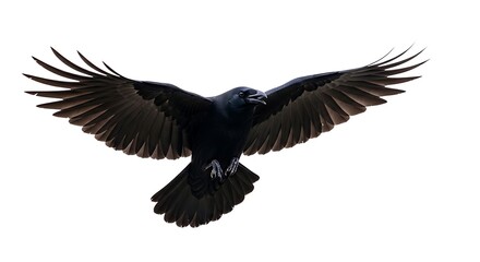 A single, black raven soars through the air with outstretched wings, showcasing its powerful flight.