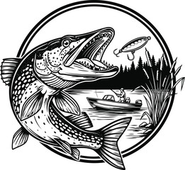 Fishing silhouette featuring an aggressive northern pike and a fisherman in a boat. Black and white vector for a fishing club or t-shirt design
