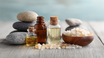 Still life essential oil bottles wooden bowl with salt crystals on a wood table balanced stones in the background
