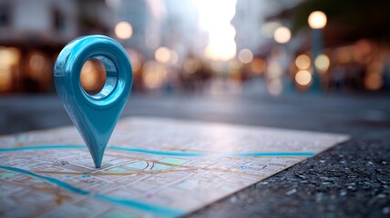 Blue map pin marker on blurred city street map with river, navigation and location concept, gps pointer icon, urban map illustration for digital design and geolocation applications