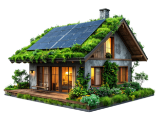 Eco-friendly house with grass rooftop and solar energy system isolated on transparent 