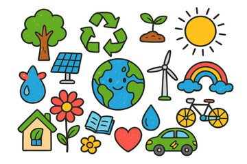 Fototapeta premium Sustainable Future Doodles. Colorful Hand-drawn doodle Children illustration Sustainable future [Earth globe, recycling arrows, tree, sprout, solar panel, wind