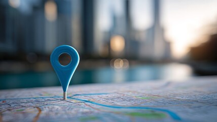 Blue map pin marker on blurred city street map with river, navigation and location concept, gps pointer icon, urban map illustration for digital design and geolocation applications