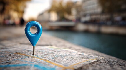 Blue map pin marker on blurred city street map with river, navigation and location concept, gps pointer icon, urban map illustration for digital design and geolocation applications