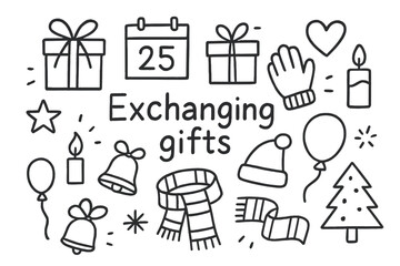 Gift Exchange Doodles. Hand-drawn doodle illustration Exchanging gifts [gift box, ribbon, bow, calendar, star, candle, heart, glove, hat, scarf, bell, balloon,