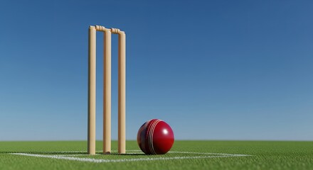 Cricket wickets and ball on green field under blue sky, sport background image for website, banner, or presentation