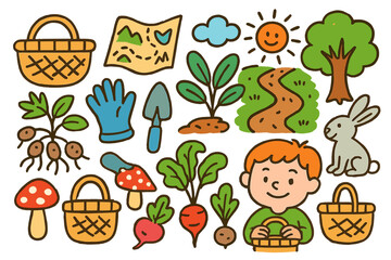 Children's Nature Foraging. Colorful Hand-drawn doodle Children illustration Wild root vegetable foraging basket, map, earthnut root, glove, trowel, plant