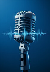 A vintage microphone poised to capture history amplify stories broadcast dreams resonating energy waves and a cool blue