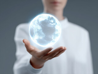 Holographic globe with climate data held by person symbolizing technology with ai innovation for environmental awareness