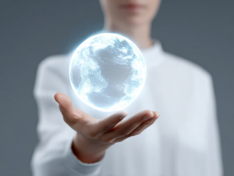 Holographic globe with climate data held by person symbolizing technology with ai innovation for environmental awareness