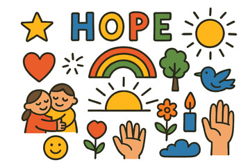 Hopeful Children's Imagery. Hope. Colorful Hand-drawn doodle Children illustration Hope rainbow, sunrise, star, heart, tree, flower, hugging people, smiling