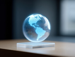Holographic globe with AI technology displays climate data in futuristic style with glowing blue light on transparent stand