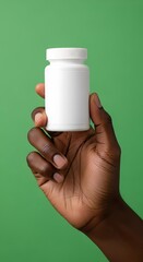 A hand holds a blank white plastic bottle against a vibrant green backdrop.