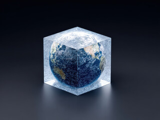 Earth globe inside glowing digital cube with binary code and AI circuits symbolizing technology and climate data