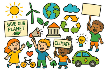 Youth Climate Action. Colorful Hand-drawn doodle Children illustration Youth and climate activism children protesting, banners, megaphone, government building,