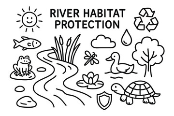 River Habitat Protection Icons. Hand-drawn doodle illustration River habitat protection [river, fish, reeds, frog, turtle, dragonfly, duck, stone, water lily,