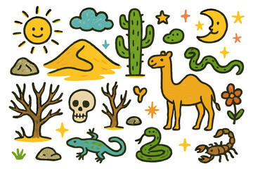 Naklejka premium Desert Doodle Adventure. Colorful Hand-drawn doodle Children illustration Barren Desert Landscape [sand dune, cactus, sun, cloud,