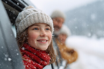 joyful family journeying down snowy road children gazing out window with bright smiles