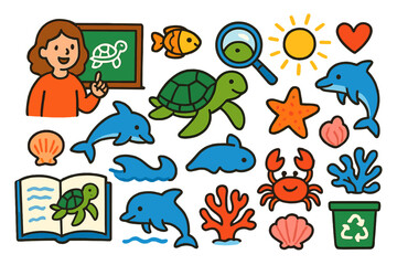 Turtle Learning Adventure. Colorful Hand-drawn doodle Children illustration Kids learning about turtles [sea turtle, open book, magnifying glass, fish,