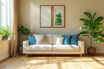 A sun-drenched living room boasts a white couch, teal accents, and lush greenery, creating a serene and inviting atmosphere.