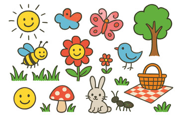 Whimsical Meadow Scene. Colorful Hand-drawn doodle Children illustration Meadow butterfly, bee, flower, grass, tree, sun, cloud, bird, ladybug, rabbit, picnic