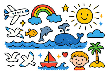 Fototapeta premium Whimsical Ocean Adventure. Colorful Hand-drawn doodle Children illustration Ocean View from the Sky airplane, rainbow, waves, fish