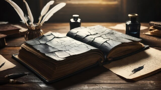 Unlock ancient wisdom with a beautifully aged, cracked leather book, quill pens, and inkwells on a rustic wooden desk, perfect for historical storytelling.