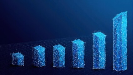 Dynamic bar chart graphic visualizing exponential growth and technological advancement with glowing blue digital network connections