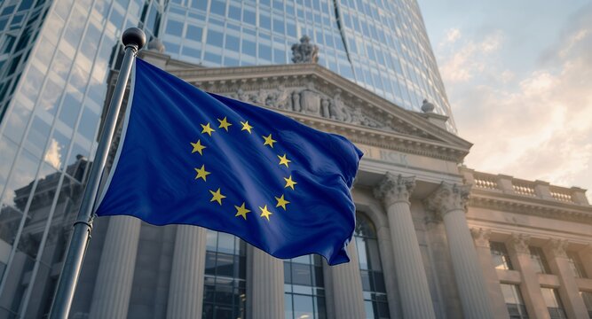 European Union Flag Waving in Front of Modern Building at Sunset