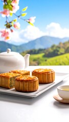 Mooncakes with tea, spring view