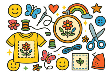 Whimsical Embroidery Doodle. Colorful Hand-drawn doodle Children illustration Artisan Embroidery shirt, hoop embroidery, needle, thread, scissors, flower