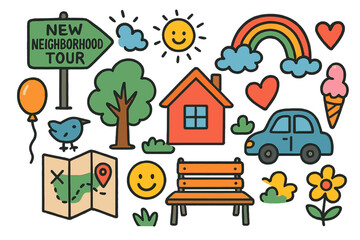 Obraz premium Neighborhood Adventure Doodle. Colorful Hand-drawn doodle Children illustration New Neighborhood Tour [street sign, house, tree,