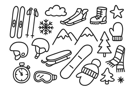 Snow Sports Doodle. Hand-drawn doodle illustration Snow sports [ski, snowboard, ski poles, sled, boots, helmet, goggles, snowflake, mountain, pine tree, cloud,