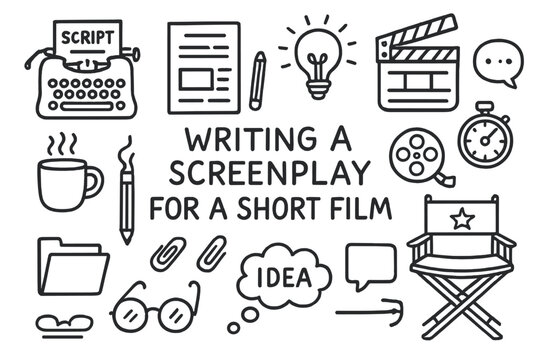 Screenwriting Essentials Doodle. Hand-drawn doodle illustration [Writing a screenplay for a short film] [typewriter, script page, pencil, coffee mug,