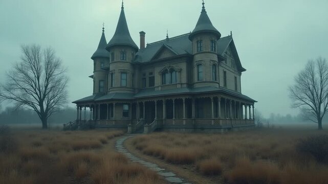CGI Abandoned mansion stands eerily in a desolate landscape under cloudy skies